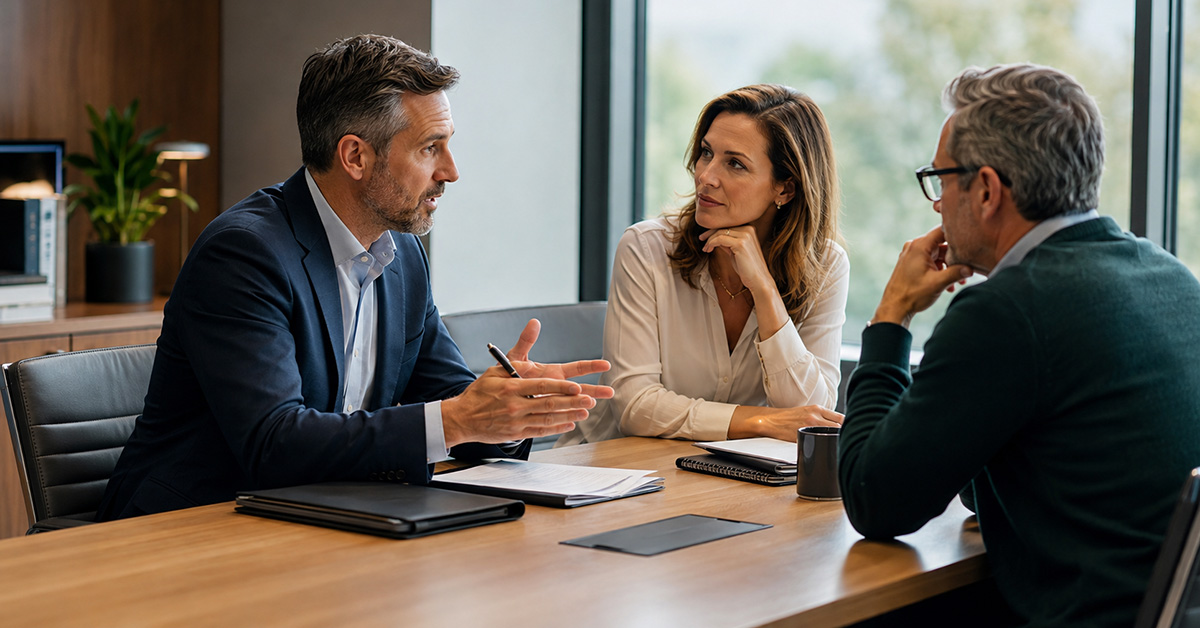 A financial advisor discusses planning with a couple around an uncluttered conference table in a contemporary wealth management office.