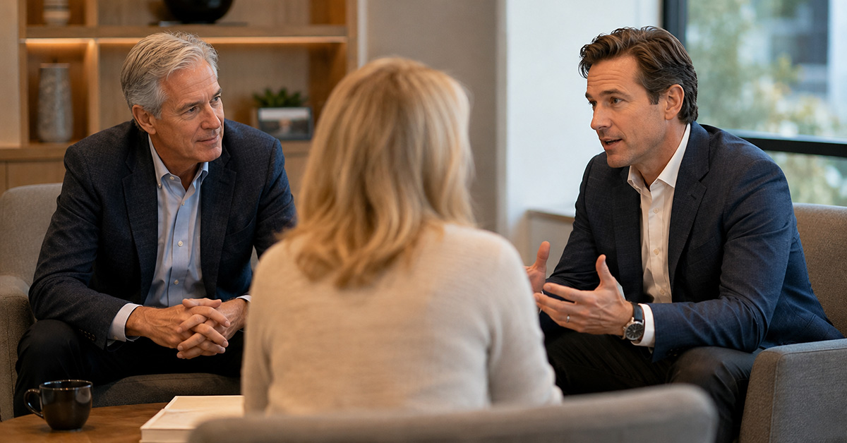 A senior financial advisor listens as a younger advisor leads a planning conversation with a client in a modern wealth management office.