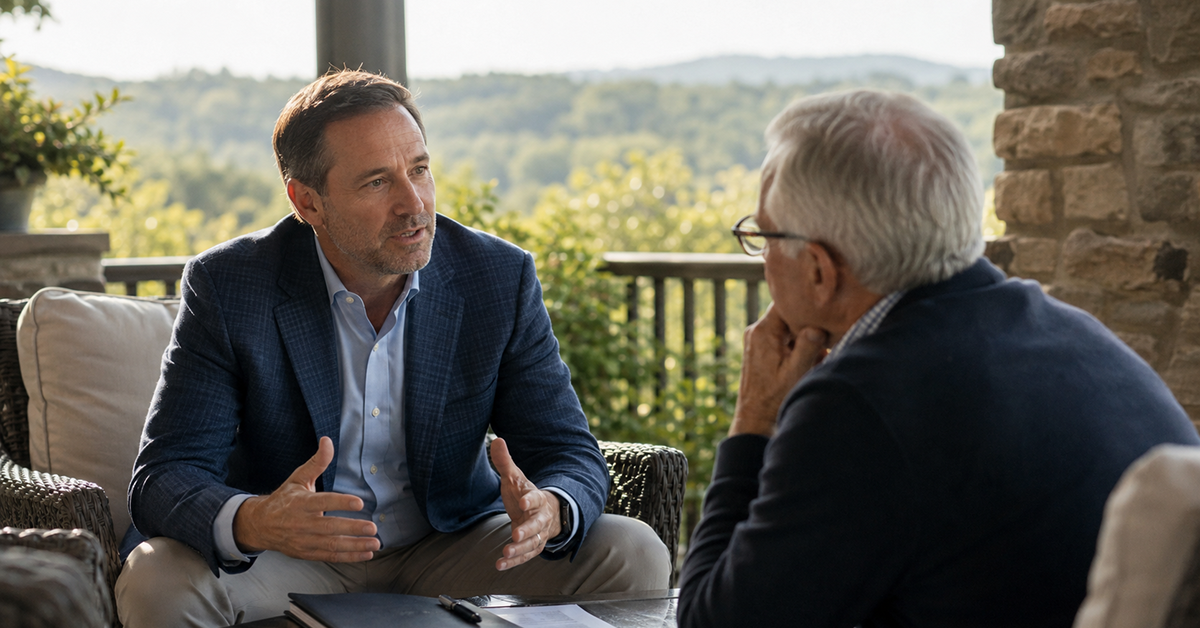A financial advisor speaks with an older client during a thoughtful planning conversation on a sunlit outdoor veranda.