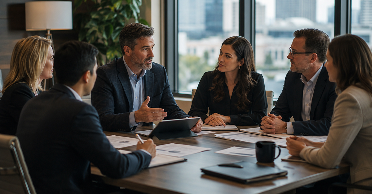 A financial advisor leads a collaborative discussion with a multidisciplinary team gathered around a conference table in a modern office.