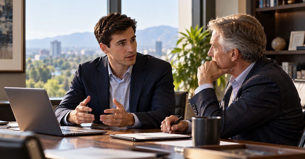 A younger financial advisor discusses succession and business leadership with an experienced senior advisor in a contemporary wealth management office.