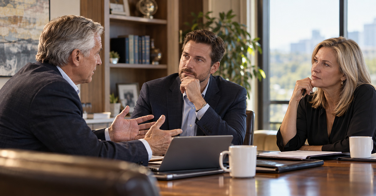An older advisory firm founder discusses succession and sale readiness with two colleagues during a serious planning meeting in a professional office.