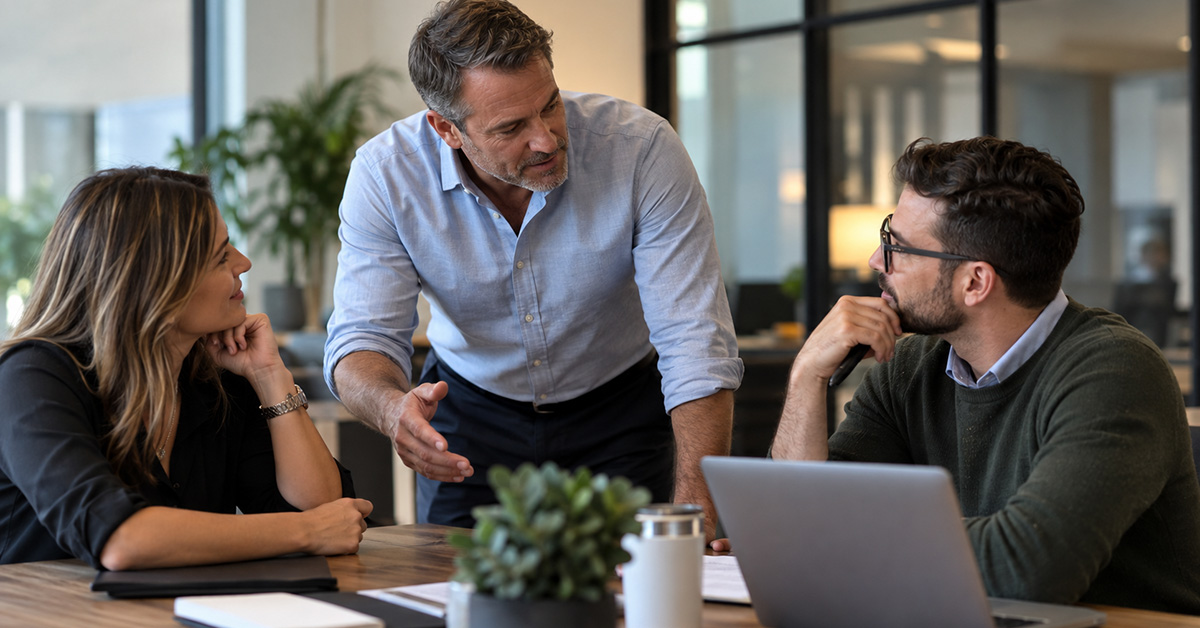 A business owner leans across a conference table while discussing work with two team members in a modern office.