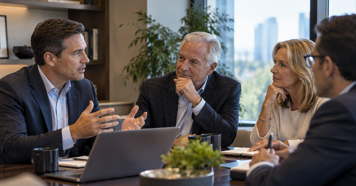 A senior financial advisor meets with a multigenerational leadership team in a contemporary wealth management office as colleagues coordinate client work nearby.