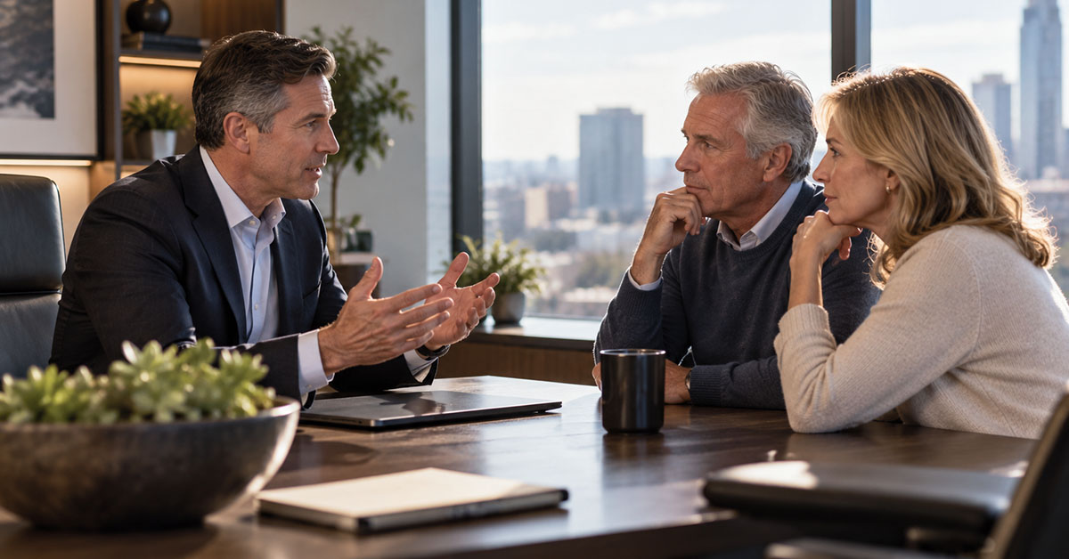 A financial advisor explains a strategy to an older couple during a focused meeting in a professional office.