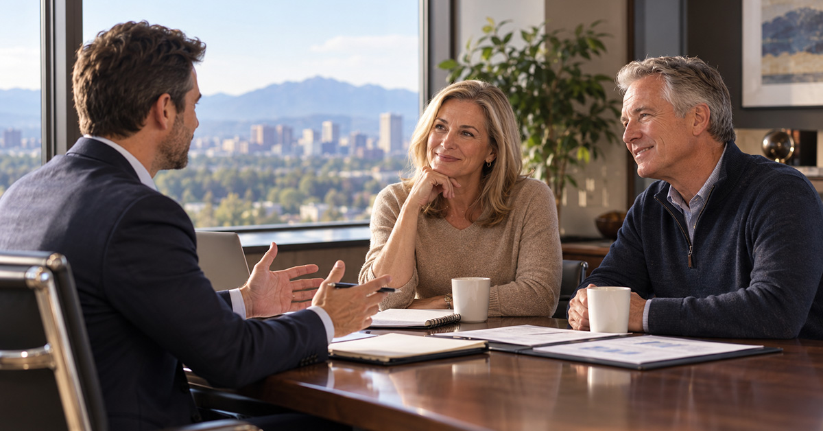 Financial advisor having a meaningful conversation with a middle-aged couple during a financial planning meeting in a professional office.