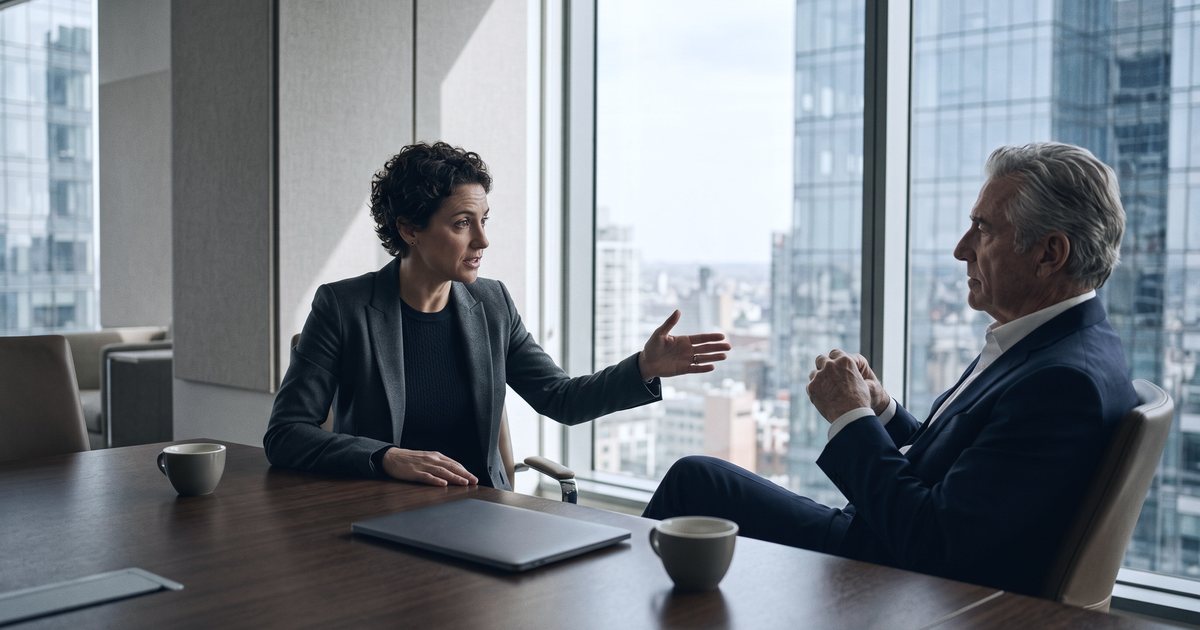 A woman in a charcoal blazer gestures as she speaks to an older gray-haired man in a navy suit, who listens with his hands together, seated at the end of a conference table beside floor-to-ceiling windows over a city; a closed laptop and two coffee cups sit on the table.