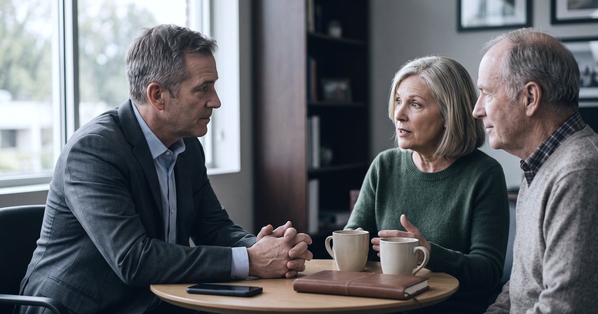 A man in a suit jacket, hands clasped, leans in to listen as a gray-haired woman speaks, an older man seated beside her, at a small round table with two coffee mugs, a closed leather notebook and a phone lying flat.