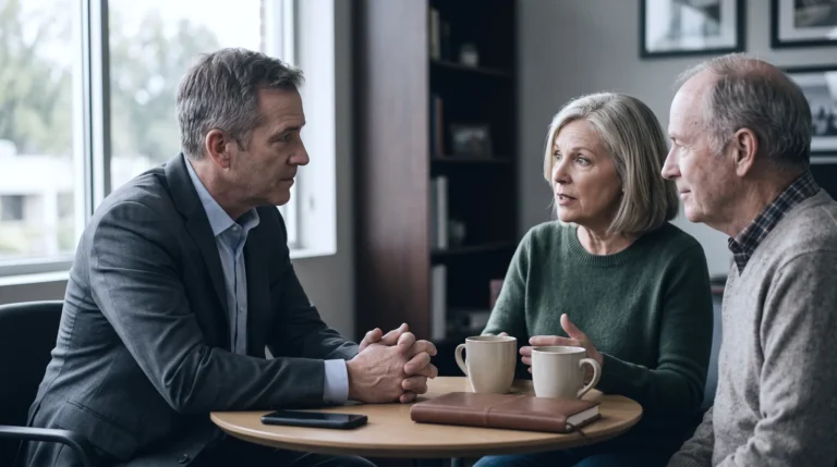 A man in a suit jacket, hands clasped, leans in to listen as a gray-haired woman speaks, an older man seated beside her, at a small round table with two coffee mugs, a closed leather notebook and a phone lying flat.