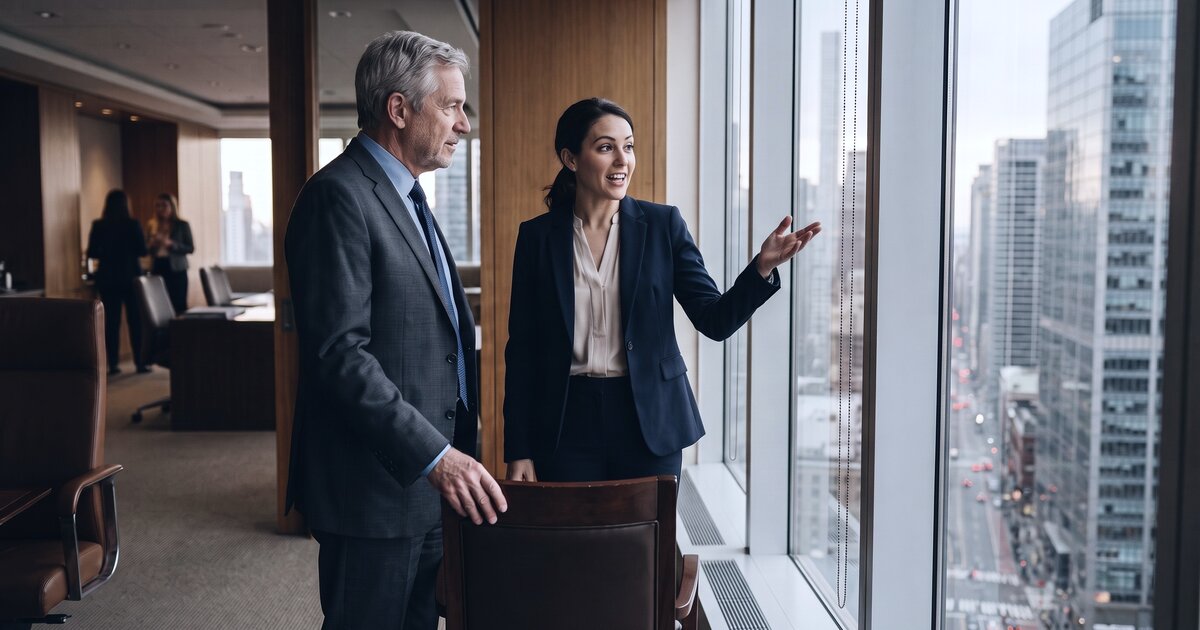 A gray-haired man in a charcoal suit rests one hand on the back of a leather chair and listens as a younger woman in a navy suit gestures toward floor-to-ceiling office windows overlooking a city street lined with tall buildings; behind them, two women stand talking.