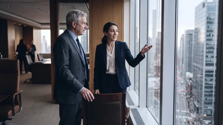 A gray-haired man in a charcoal suit rests one hand on the back of a leather chair and listens as a younger woman in a navy suit gestures toward floor-to-ceiling office windows overlooking a city street lined with tall buildings; behind them, two women stand talking.