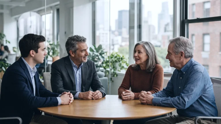 Two men in blazers sit at a round wooden table in an office with tall windows over the city, talking with a gray-haired woman in a rust sweater and a gray-haired man in a blue shirt.